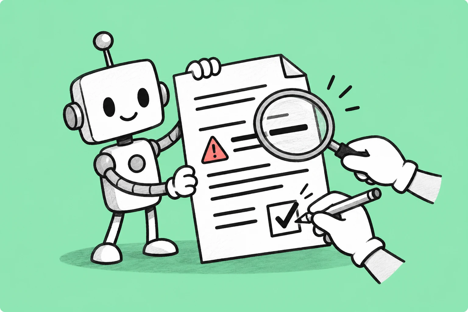 Un robot propose un document qu’une personne examine avec une loupe et un crayon avant de le valider.
