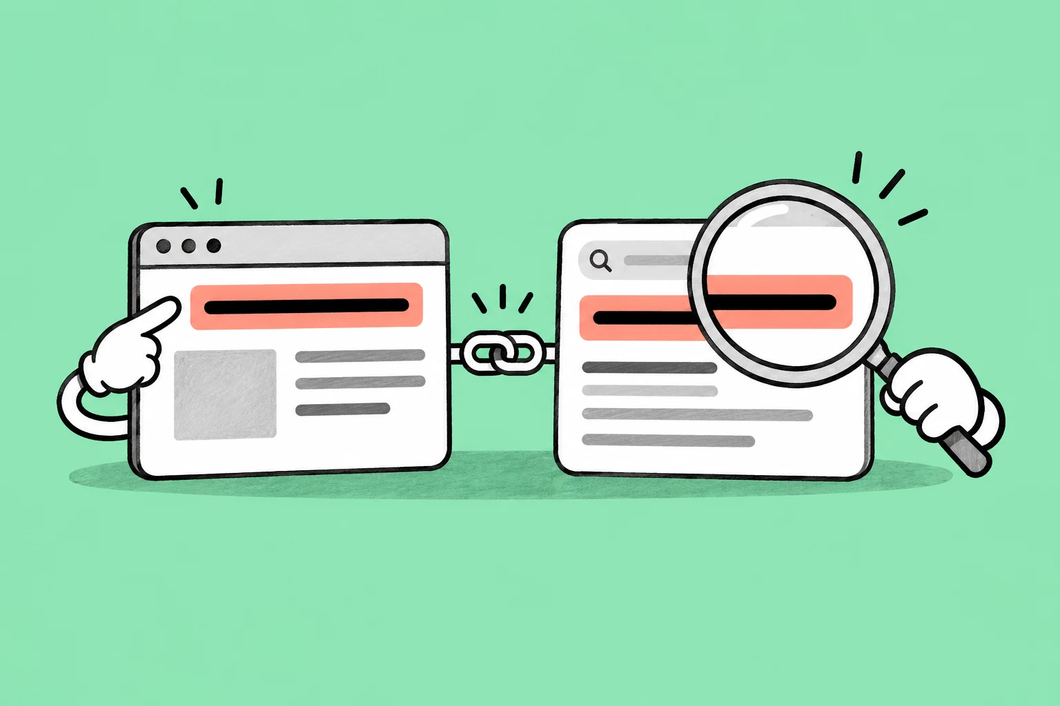 Le titre d’une page web et celui d’un résultat de recherche sont mis en évidence et reliés, avec une loupe.