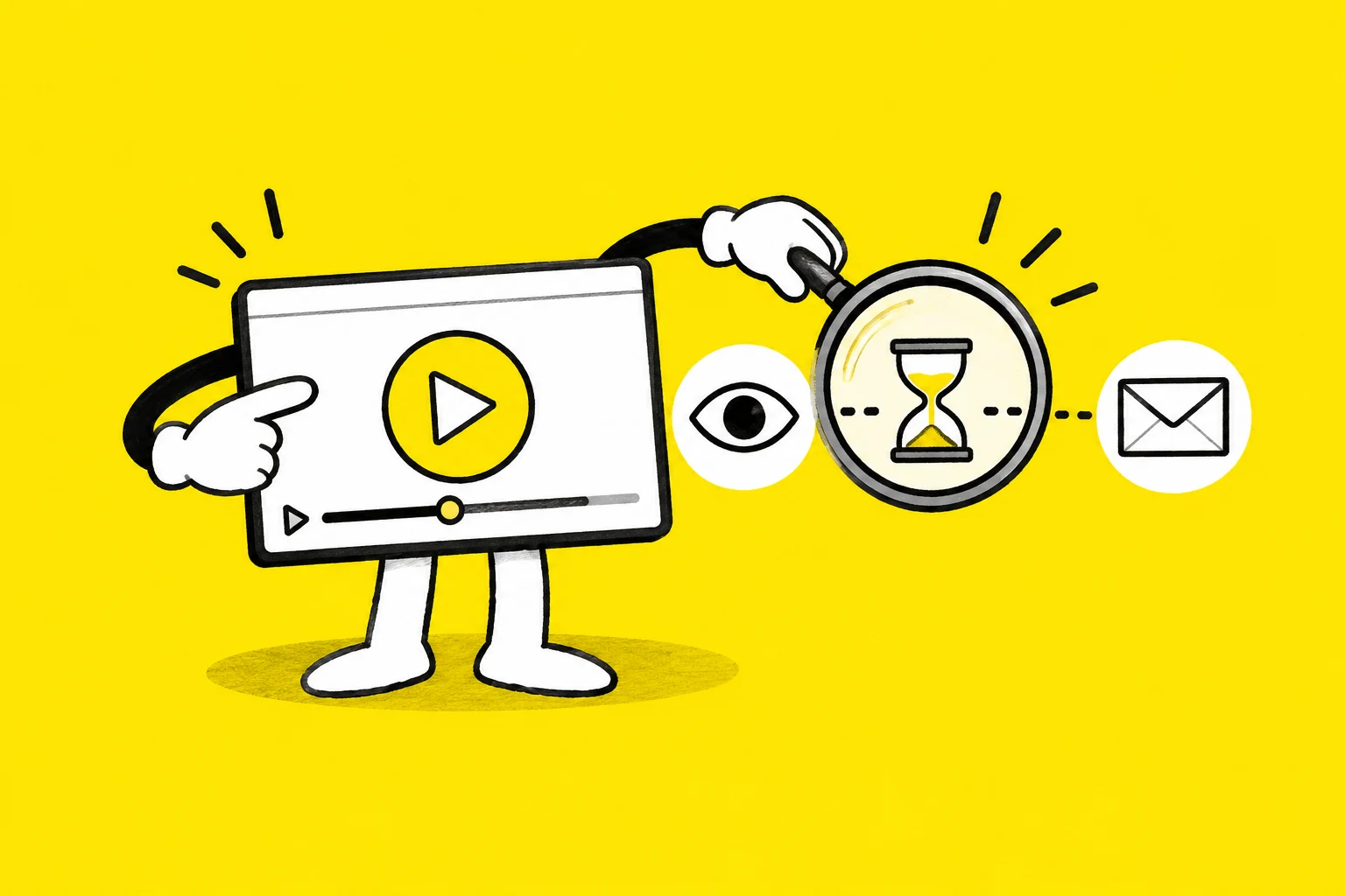 Un lecteur vidéo, un œil, un sablier et une enveloppe représentent les vues, le temps de visionnage et les demandes reçues.