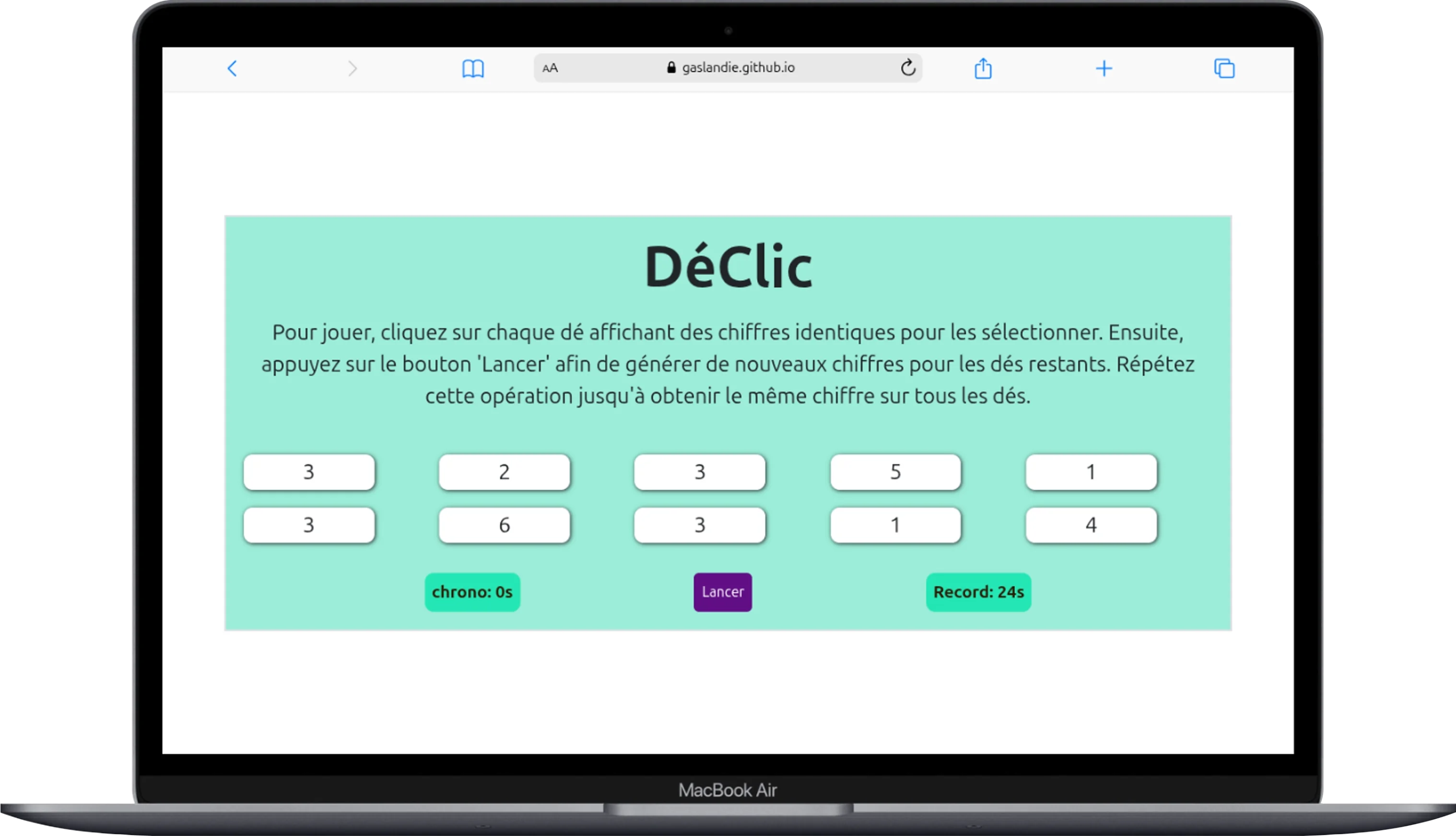 Aperçu du projet Jeu Déclic